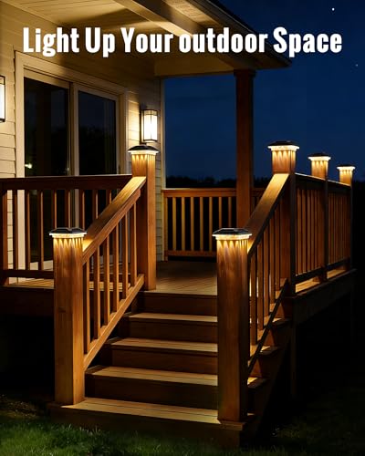 Solar Post Cap Lights Outdoor Waterproof 2 Pack for 3.5x3.5 4x4 Vinyl/Wooden Fence Posts Light Solar Powered with 3000/4500/6000K 3 Modes, Deck Cap Light for Garden, Patio, Porch - size: 2 Pack