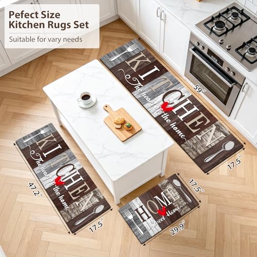 Kitchen Rugs Set 3 Piece, Non Slip Kitchen Mats for Floor, Soft Fabric with Rubber Backing, Farmhouse Anti Fatigue Runners Carpet for Home Kitchen Laundry Room Hallway Rustic Dark Brown & Grey - color: Rustic Dark Brown & Grey