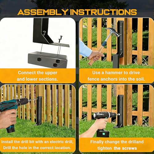 4PCS Fence Post Repair Kit, Heavy Duty Fence Post Anchor Quick Fix for Broken/Leaning Wooden Fence, Easy to Install, Black(16.5+15.75in)