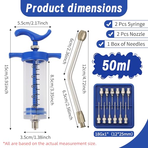 2 Pcs Goat Syringe Reusable Adjustable Goat Drench Syringe with 2 Drench Nozzle and Needles, Feeding Supplies for Cattle, Sheep, Goats, Horse, Pig, Dog (Blue, 50ML) - color: Blue, size: 50ML