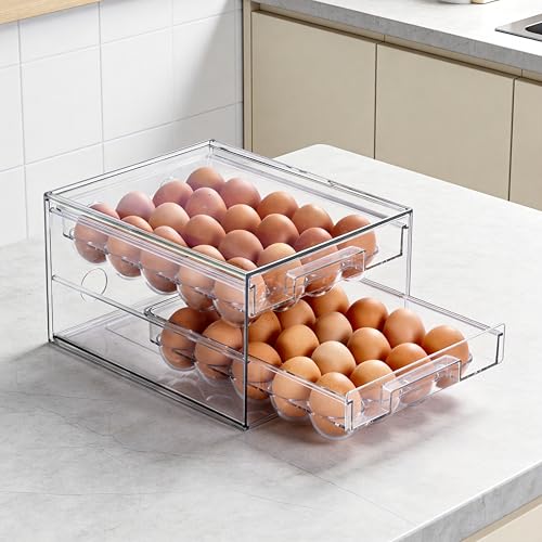 2-Tier Stackable Egg Holder for Refrigerator, Clear Egg Tray for for Kitchen Storage | BPA Free Egg Drawer for Fridge