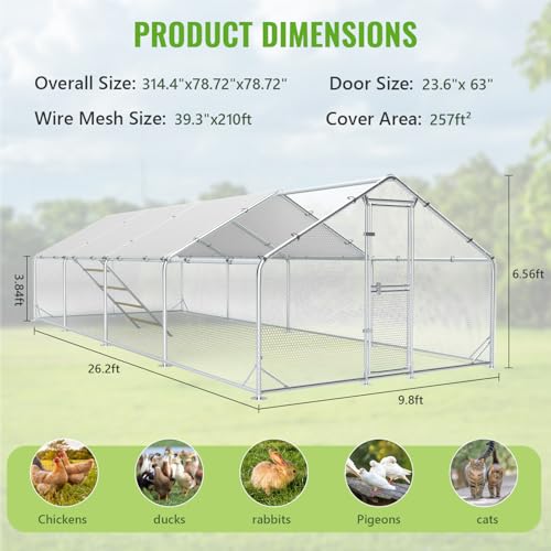 Large Metal Chicken Coop Runs for Yard with Cover, 10x26x6.5 | Perch Bars, Split Doors, Waterproof Covers, Mesh Wire - size: 315.0"L x 118.1"W x 78.7"H