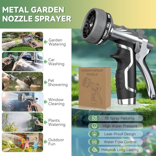 Garden Hose Nozzle, Heavy Duty Metal Water Hose Nozzle with 8 Adjustable Spray Patterns, High Pressure Hand Sprayer with Flow Control for for Garden Watering, Car & Pet Washing - color: Black