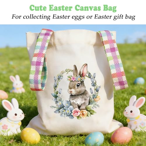 Easter Basket Bunny Canvas Tote Bag, 12.2x11 Inches, Natural Canvas, Hand-Carry, for Gift and Easter Egg Collection - color: B-bunny