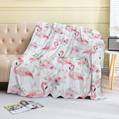 Flamingo Floral Fleece Blanket,50x60in,Tropical Pink Bird Hibiscus Leaves White Throw Blankets,Soft Cozy Lightweight, Ideal for Bed Living Room Home Summer Decor,Feminine Gifts - color: Flamingo, size: 50x60 Inch