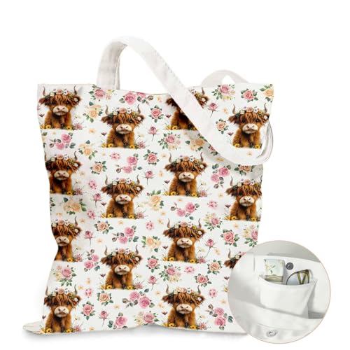 Aesthetic Canvas Tote Bag for Women - with Magnetic Snap Closure & Zipper Inner Pocket Reusable Totes Bag - color: Cow1