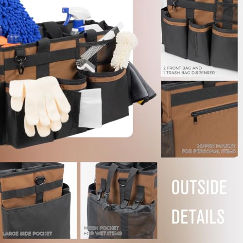 SCAVATA Wearable Cleaning Caddy, Cleaning Caddy Supplies Organizer with Handle & Shoulder Straps for Housekeepers, Under Sink & Car Cleaning Tool Organizers Bag with 4 Foldable Divider (Brown) - color: Brown