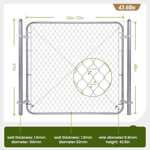 Adjustable Chain Link Fence Gate with Posts 48" H x 24"-72" W Galvanized | Metal Outdoor Fence Gate Kit for Yard, Garden & Farm, Heavy Duty Chain Link Gate for Backyard, Pet Enclosure Side Gates