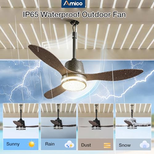 Amico 42" Outdoor Ceiling Fans with Lights, IP65 Waterproof Gazebo Fan | Waterproof, Remote Control, 3000-6000K, 6 Speeds, Hook Hanging Plug in, for Patio Porch Pergola Garage - size: 42 inch Wood
