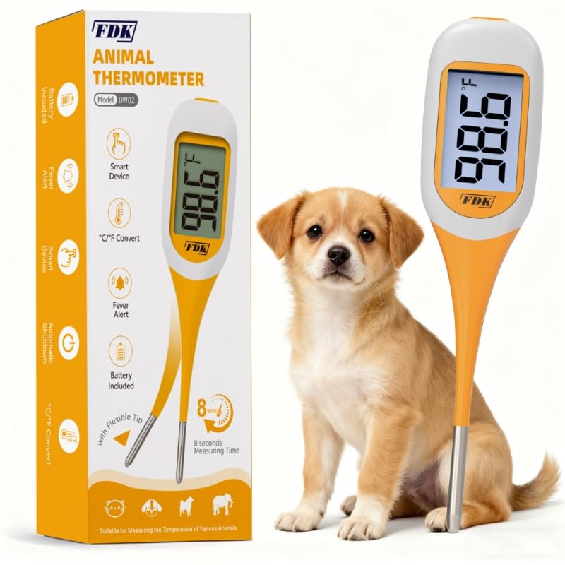 FDK 8-Second Dog & Cat Thermometer, Fast Digital Pet Rectal Thermometer with Large Backlight Screen, Fever Alarm Flexible Comfortable Soft Tip, Waterproof Veterinary Supply for Animals °C/°F