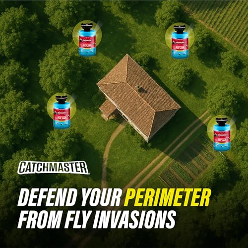 Catchmaster Reusable Outdoor Fly Trap, 6 Hanging Blue Jars with Bait | Catches All Species of Fly, Fly Traps Outdoor w/ Food-based lure, Odor Attracts Flies Away From People, Refill & Reuse