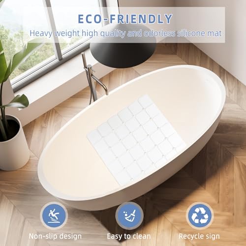 Shower Mat Non Slip 21"x21" Silicone Foldable Bath Mat with Suction Cups & Drain Holes, Odorless, Eco-Friendly & Durable, Machine Washable Shower Stall Mat for Adults, Seniors White - color: White