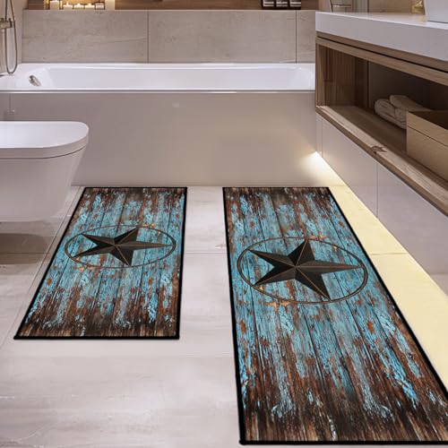 Western Kitchen Rug Set of 2,Anti Fatigue Mats for Kitchen Floor,Barn Texas Star on Old Wooden Plank Rustic Country Farmhouse Kitchen Mat Vintage Floor Mats Non Slip Washable Kitchen Rugs Runner,Teal