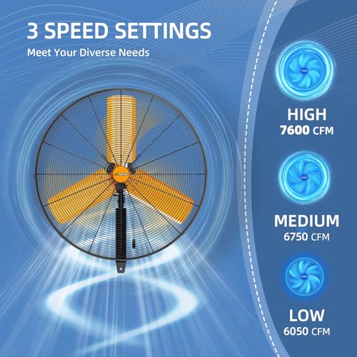 24 inch Oscillating High Velocity Wall Mount Fan, 7600 CFM Industrial Heavy Duty Metal Wall Fan, 3 Speeds, Adjustable Height and Tilt, Commercial Shop Fans for Garage, Workshop - size: 24 inch - Indoor