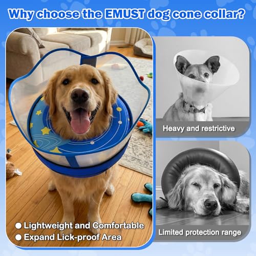 EMUST Raised Inflatable Dog Cone Collar to Stop Licking, Dog Donut Collar | Upgraded Transparent Protective Cover, Effectively Preventing Dog From Licking Wounds, without Affecting Eating or Activities - color: Blue, size: XL (Neck 15"-19")