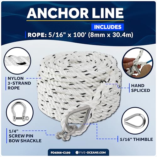 Five Oceans Anchor Line 5/16" x 100' - Anchor Rope Line, Marine Premium 3-Strand White Nylon Boat Anchor Rope - Stainless Steel Thimble and Shackle, Ideal for Mooring Anchoring Towing - FO4566-C100 - style: 5/16 inch x 100 ft