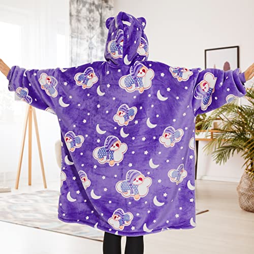 THREE POODLE Wearable Blanket Hoodie for Women, Oversized Sherpa Sweatshirt Blanket for Adults Men, Cozy Hooded Blankets, Glow in the Dark, Gifts for Teen Girls Women Mom Sister - color: Luminous Sloth, size: Adult