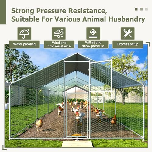 Large Metal Chicken Coop,19.7x9.8x6.4 FT Chicken Run for Yard with Waterproof & Anti-UV Cover,Walk in Chicken Pen with Feeding Door (39.4 * 9.8 * 6.4 ft) - size: 472.2"L x 118.1"W x 76.8"H