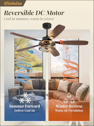 52 Inch Farmhouse Ceiling Fan with Light and Remote, Black Industrial Caged Flush Mount Ceiling Fans with 6 Speed Reversible Motor and Dual Finish 5 Blades, Rustic Ceiling Fan for Living room, Bedroom | Industrial Caged Flush Mount Ceiling Fans with 6 Spe