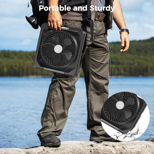 PANERGY Portable Fan with LED Light, 10000mAH battery powered for Camping Outdoor Car RV Window, Black