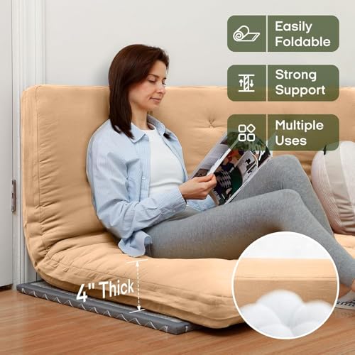 ZonLi Japanese Floor Futon Mattress 100% Cotton Washable Cover Foldable | 80" x 76" King Size 4" Thick Tatami Mat Sleeping Pad, Roll Up Floor Lounger Bed for Guest, Dormitory, Camping & Travel - color: Burro, size: King(80"L x 76"W x 4"Th)