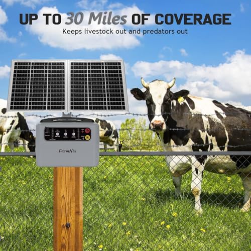 15W Solar Fence Charger, 6-12KV Adjustable Output 1.5J, 30 Miles | 24H Continuous Solar Powered Electric Fence Kit for Livestock, Predator Protection, Gardens, Orchards, Dogs, Pets, Poultry