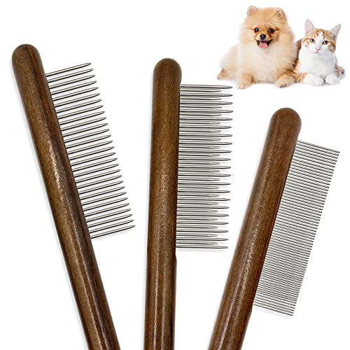 3 Pack Solid Wood Cat Combs, Stainless Steel Teeth for Cat Dog Rabbit Massage, Flea Lice Comb Removes Mats, Tangles and Loose Fur, Grooming Comb for Small Medium Pets