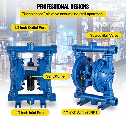 VEVOR Air-Operated Double Diaphragm Pump, 1/2 in Inlet & Outlet, Cast Iron Body, 8.8 GPM & Max 120PSI, Nitrile Diaphragm Pneumatic Transfer Pump for Petroleum, Diesel, Oil & Low Viscosity Fluids - size: 3.0 GPM