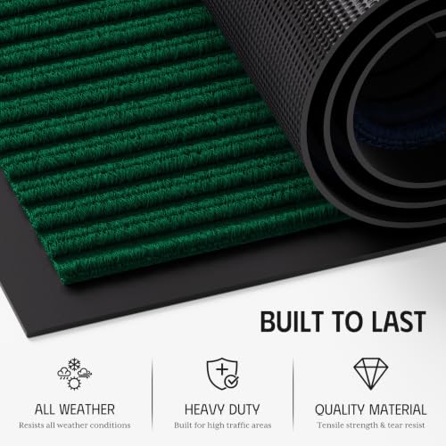 Front Door Mat Outside Entrance, Non-Slip Heavy Duty Doormat, 3'x5' | Green Striped, Trap Dirt & Absorb Moisture, Low Profile, Non-Slip Backing, All Weather, Welcome Floor Mat for Entryway Patio - color: Green Striped, size: 3' x 5'