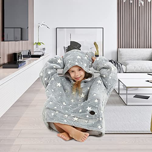 THREE POODLE Wearable Blanket Hoodie for Kids, Oversized Sherpa Sweatshirt Blanket with Giant Hood, Warm Cozy Hooded Blanket, Cute Gifts for Kids Girls Boys - color: Luminous Star, size: Kids