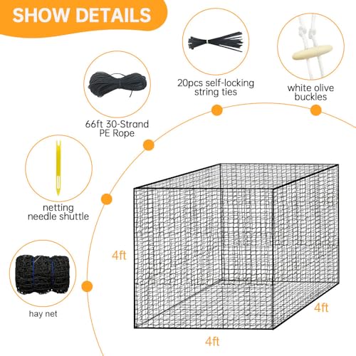 Round Bale Hay Net 4x4ft Large Round Bale Hay Nets for Horses Heavy Duty Slow Feed Hay Net Black Knotless Design for Horse, Cattle, Goat (4x4ft)