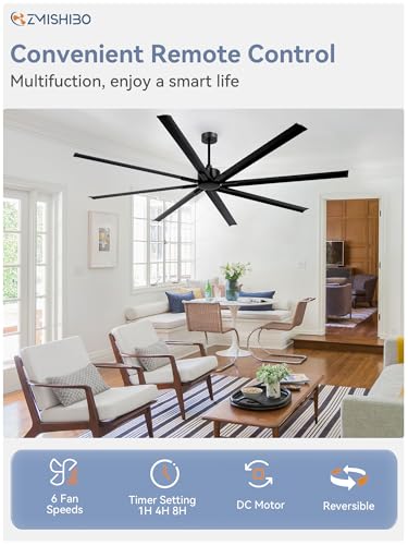 ZMISHIBO 96 Inch Industrial Ceiling Fan without Light, 8 Aluminum Blades | DC Motor, Damp Rated, 6 Speeds, Remote Control, 3 Downrods, Flat/Sloped Ceiling, Commercial, Farmhouse, Garage, Warehouse - color: Black, size: 96inch