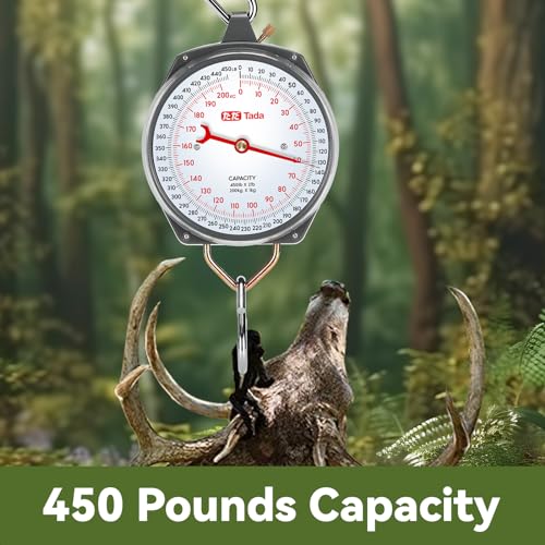 Tada Game Scale 450lb Mechanical Hanging Scale with 8 Inch Dial, Heavy-Duty Design for Kitchen, Fishing, Outdoor Use, and Farms