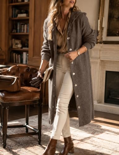 CiCiBird Womens Fall Long Cardigan Sweater Hooded Button Coat | Side Pockets, Loose Midi Length, Cozy Texture, Soft Lightweight Knit, Lounge To Outdoor Wear, Daily Layering, House Coat - color: Brown, size: Small