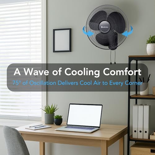 Comfort Zone 16-Inch Oscillating Wall Mount Fan – Quiet 3-Speed Indoor Fan with 60° Adjustable Tilt, Pull-Chain Control & Durable Metal Grille – Space-Saving Cooling for Home, Office, & Greenhouse