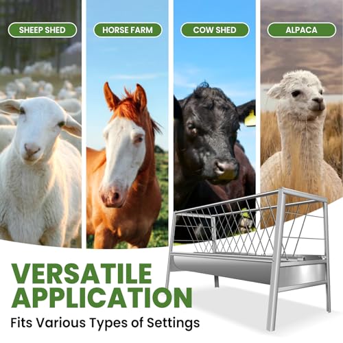 62'' Long Goat Feeder with 26'' Wide Tray, 90 Gallon Heavy Duty Alloy Steel Goat Hay Feeder for Goats Sheep Lambs Horses Farms Sheds, Ease of Assembly, Rust-Proof, Detachable Grain Tray - style: Alloy Steel