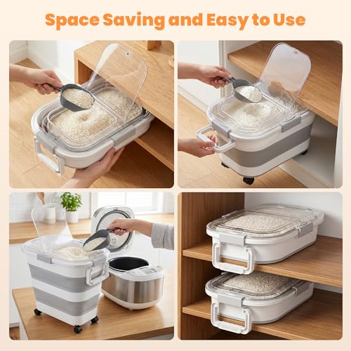 30 Lbs Rice Container, Collapsible Dog Food Storage Container | Airtight Cat Food Container with Wheels, Transparent Lid, Measuring Cup, Scoop and Handle, BPA Free for Pet Food, Bird Seed - size: 30 lbs
