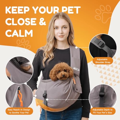 Pet Sling Carrier for Small Dogs and Cats, Hands-Free Crossbody Bag with Safety Leash, Multiple Pockets, Gray, 5-15 lb