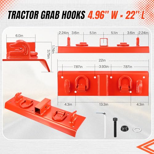 Tractor Bucket Hook, Bolt On Grab Hook with 2" Receiver, 1/2" D Rings, 5/16" Grab Hooks, Universal Bucket Attachment, Fits Compact Tractor Loader, 1.5" Bolt, Orange