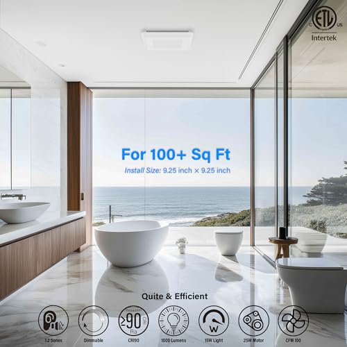 2 In 1 Bath Fan With LED Light, 25W Ceiling Mount Ventilation Fan and Light Combo for Bathroom and Home, 100CFM, 120V, 1000LM, 5CCT Seletable, Dimmable & Wet Rated, ETL Certified - size: 100CFM with Light