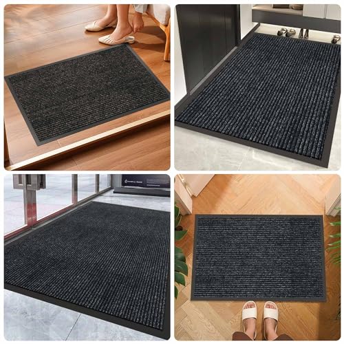 Front Door Mat Outside Entrance, Dirt Trapper Doormat 60" x 36" | Non Slip Indoor Outdoor Welcome Mat for Entryway, Absorbent Commercial Floor Mat for High Traffic Area, All Weather, Grey - color: Dark Grey Striped, size: 3' x 5' (Rectangular)