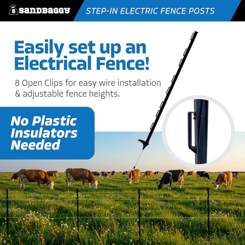 Sandbaggy 4 ft Plastic Step in Electric Fence Posts - UV Resistant - Temporary or Semi-Permanent Fencing for Livestock, Grazing, Gardening - Lightweight, Adjustable Height (4 ft, Black, 50)