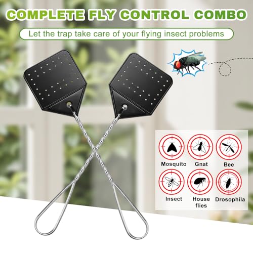 12 Pcs Leather Fly Swatters with 20 Window Sticky Fly Glue Traps, 17'' Heavy Duty Flyswatter with Durable Metal Handle, Disposable Bulk Bug Catcher for Indoor and Outdoor, Home, Kitchen