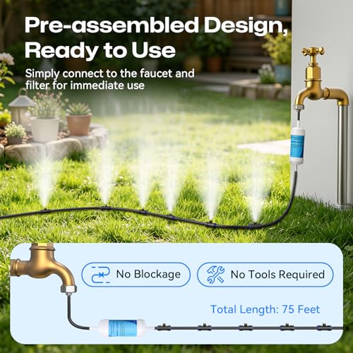 Misters for Outside Patio 75FT/23M, Pre-Assembled Misting Cooling System with 23 Brass Nozzles & 3/4" Adapter, Outdoor Mister for Backyard, Garden, Greenhouse, Chicken Coop, Dog House - size: 75FT
