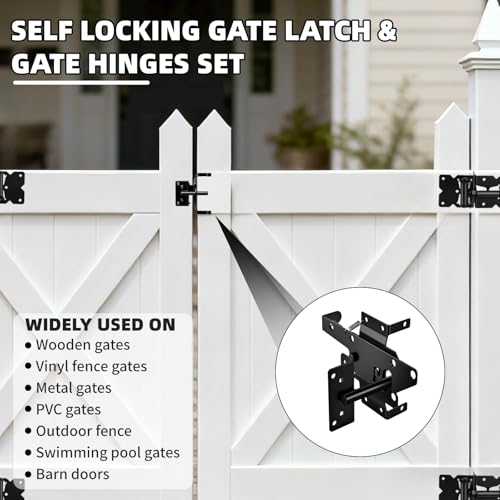 Self Closing Gate Hinge and Latch Kit for Wooden/Vinyl Fence Gate | Heavy Duty Rust Proof Gate Hardware Kit ,2 Adjustable Self Closing Hinges & 1 Post Mount Self Locking Gate Latch (Black)
