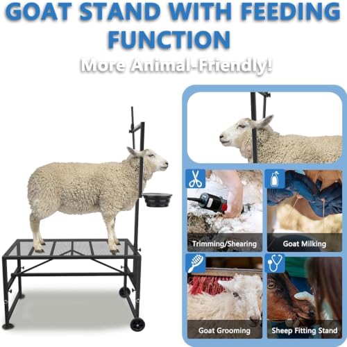 Upgraded Goat Stand with Wheels & Feed Bin, Adjustable Headpiece | Goat Milking Stand for Sheep Trimming and Milking, Hoof Trimming Stand Adjustable Size, with Feeder, Iron Black - color: Black, size: L - 47 inch (with Wheel)