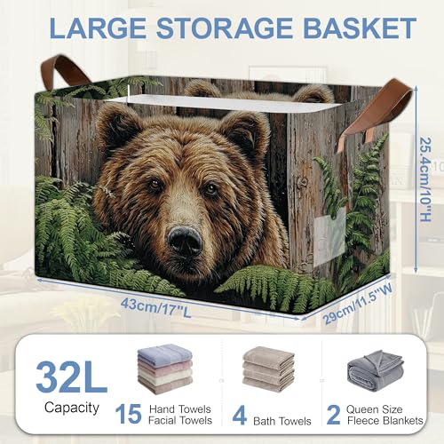 Vintage Bear Wooden Storage Baskets,Ferns Plants Foldable Large Capacity Organizer Bins with Waterproof Lining and Leather Handles for Closet, Shelf, Bedroom 17x11.5x10Inch - color: Vintage Bear Wooden Ferns Plants