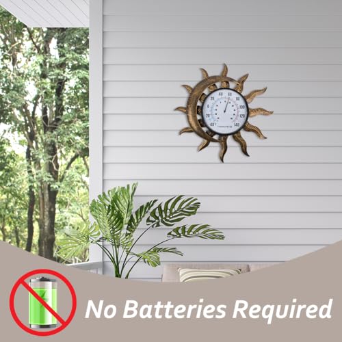 14" Sun-Moon Outdoor Thermometer, No Need Battery | Metal Wall Thermometer, Decorative Indoor Thermometer for Patio, Garden, Living Room - color: Sun & moon