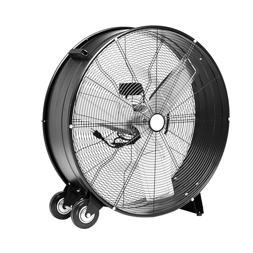 Amazon Basics 30" 300W High-Velocity Heavy-Duty Industrial Drum Fan for Cooling, Metal Housing, UL-Certified Safety Compliance, 2 Speeds, High CFM Up to 12,480, 5.9-ft Power Cord, 2 Wheels, Black - size: 30-inch