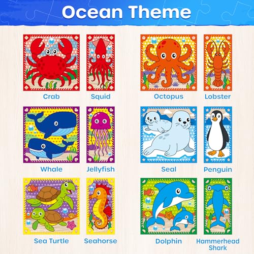 SYNARRY Wooden Puzzles for Toddlers 2-4, Farm Jungle Ocean Animals Puzzles for Kids Ages 3-5, Wooden Cube Puzzle with Storage Tray, Large Block Montessori Toys for 2 3 4 Year Old, Gifts for Kids